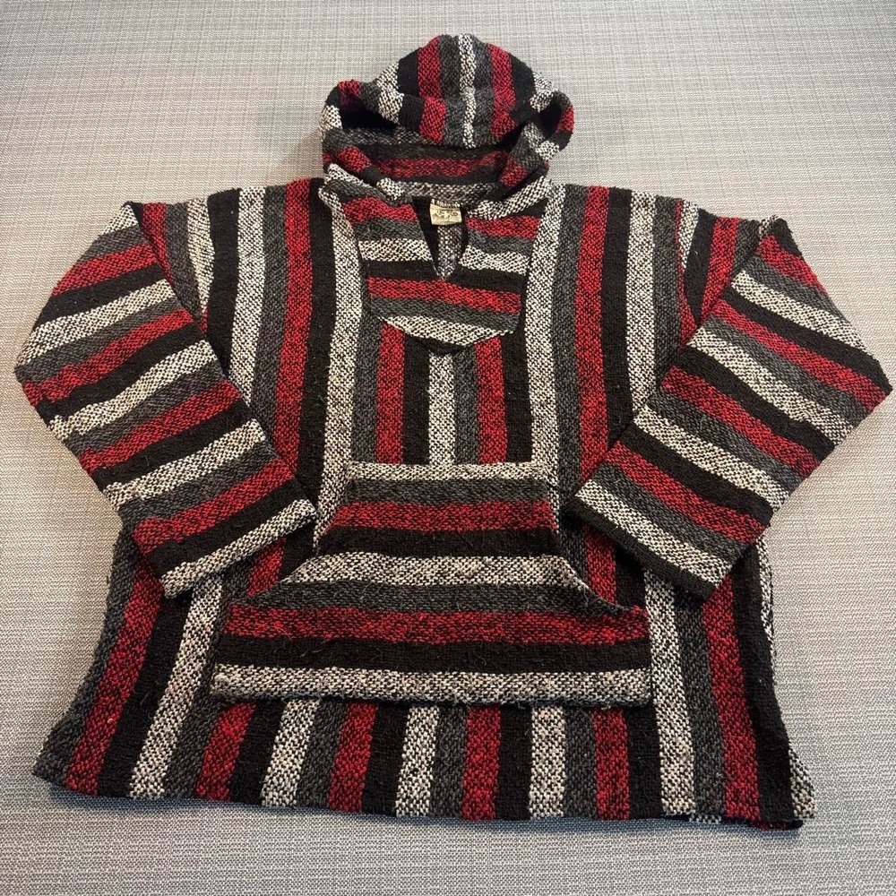 CB Apparel Red, black, and gray striped Baja sweater with hood